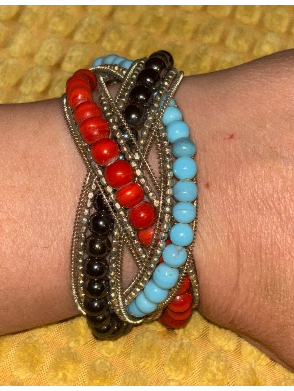 Boho Criss Cross Multi Strand Beaded Hinged Cuff Bracelet